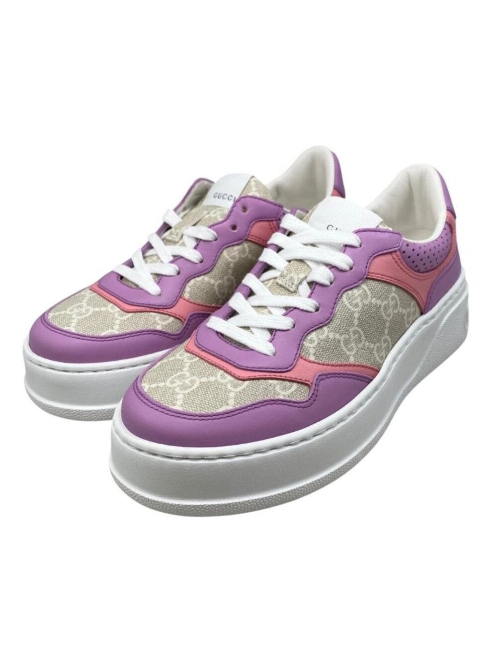 Gucci Sneakers GG Supreme Leather Logo Beige Purple Pink